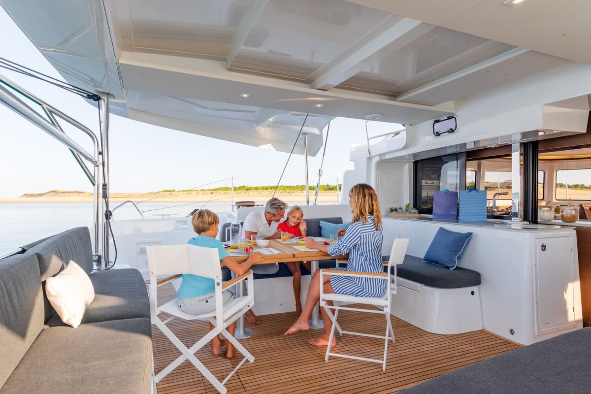 Deck of Thirteen, a Lagoon 46 catamaran at Olbia, Italy