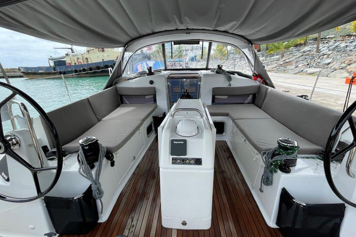 Cockpit of White Cap, a Jeanneau Sun Odyssey 440 sailboat at Road Town, British Virgin Islands