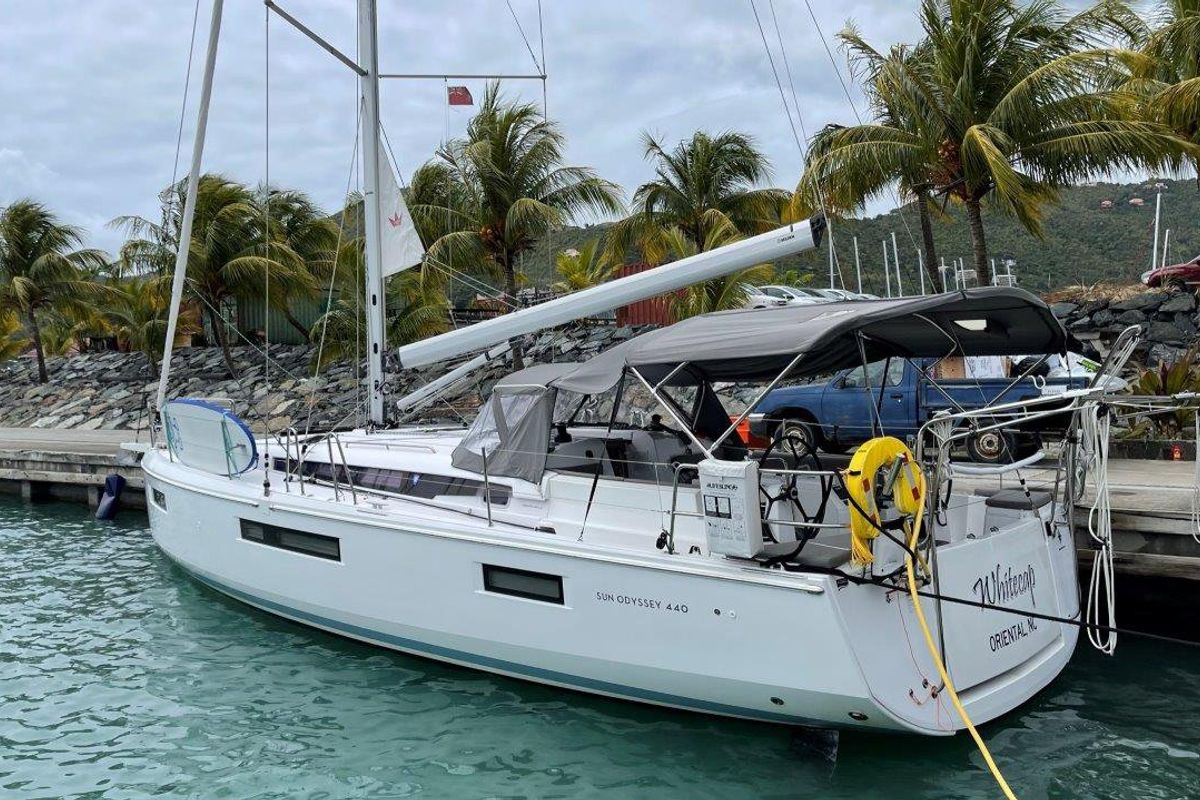 Exterior view of White Cap, a Jeanneau Sun Odyssey 440 sailboat at Road Town, British Virgin Islands