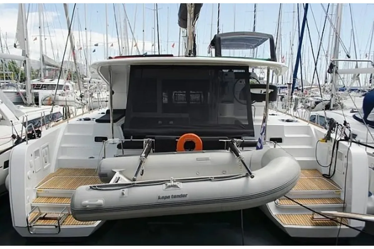Exterior view of Anemoni, a Lagoon 40 catamaran at Preveza, Greece