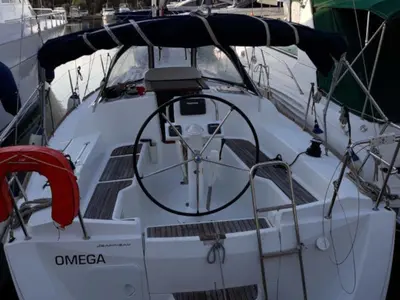 Cockpit of Omega, a Jeanneau Sun Odyssey 33i sailboat at Gouvia, Greece