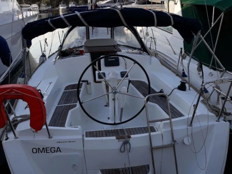 Cockpit of Omega, a Jeanneau Sun Odyssey 33i sailboat at Gouvia, Greece