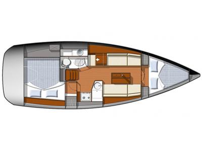 Floor plan of Omega, a Jeanneau Sun Odyssey 33i sailboat at Gouvia, Greece