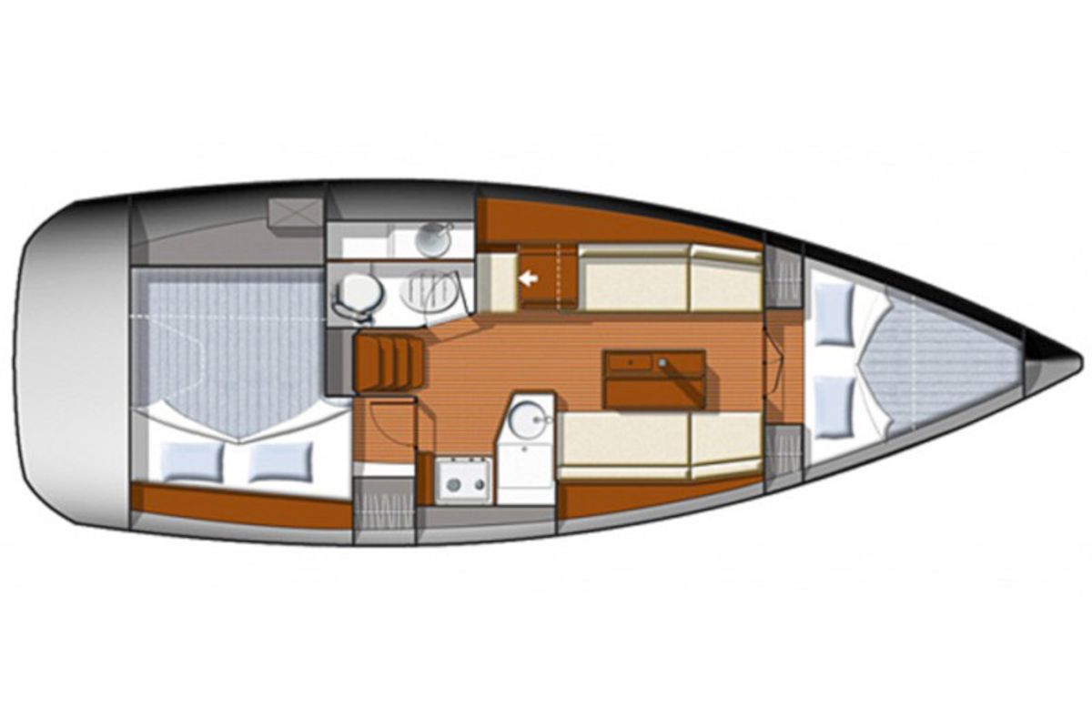 Floor plan of Omega, a Jeanneau Sun Odyssey 33i sailboat at Gouvia, Greece