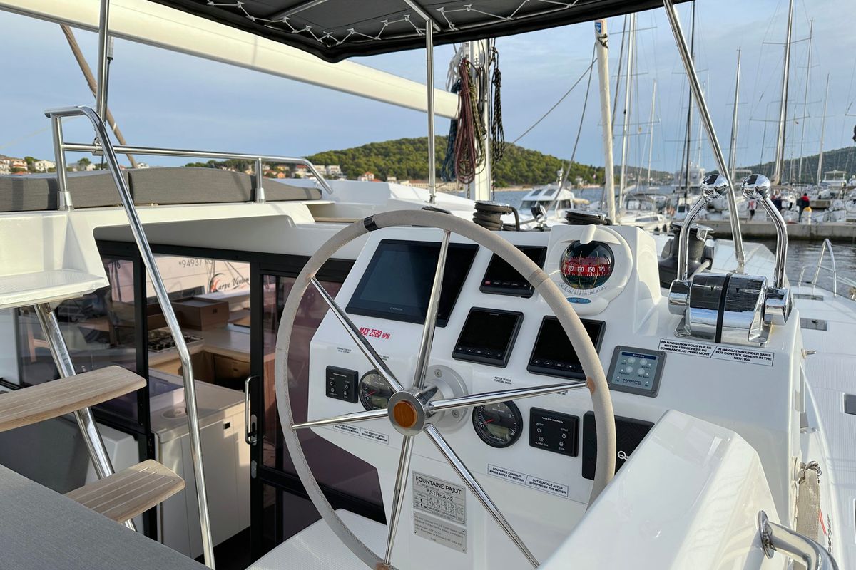 Cockpit of Arisa, a Fountaine Pajot Astrea 42 catamaran at Općina Rogoznica, Croatia