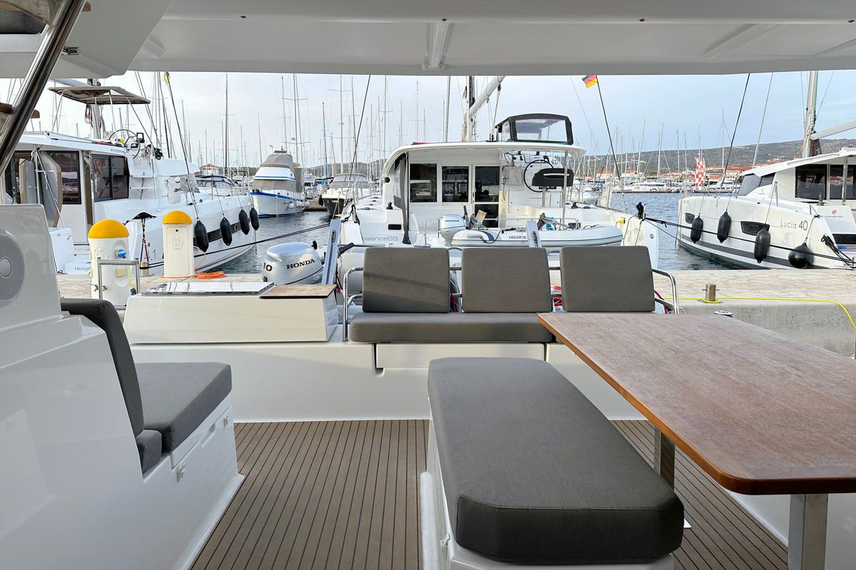 Deck of Arisa, a Fountaine Pajot Astrea 42 catamaran at Općina Rogoznica, Croatia