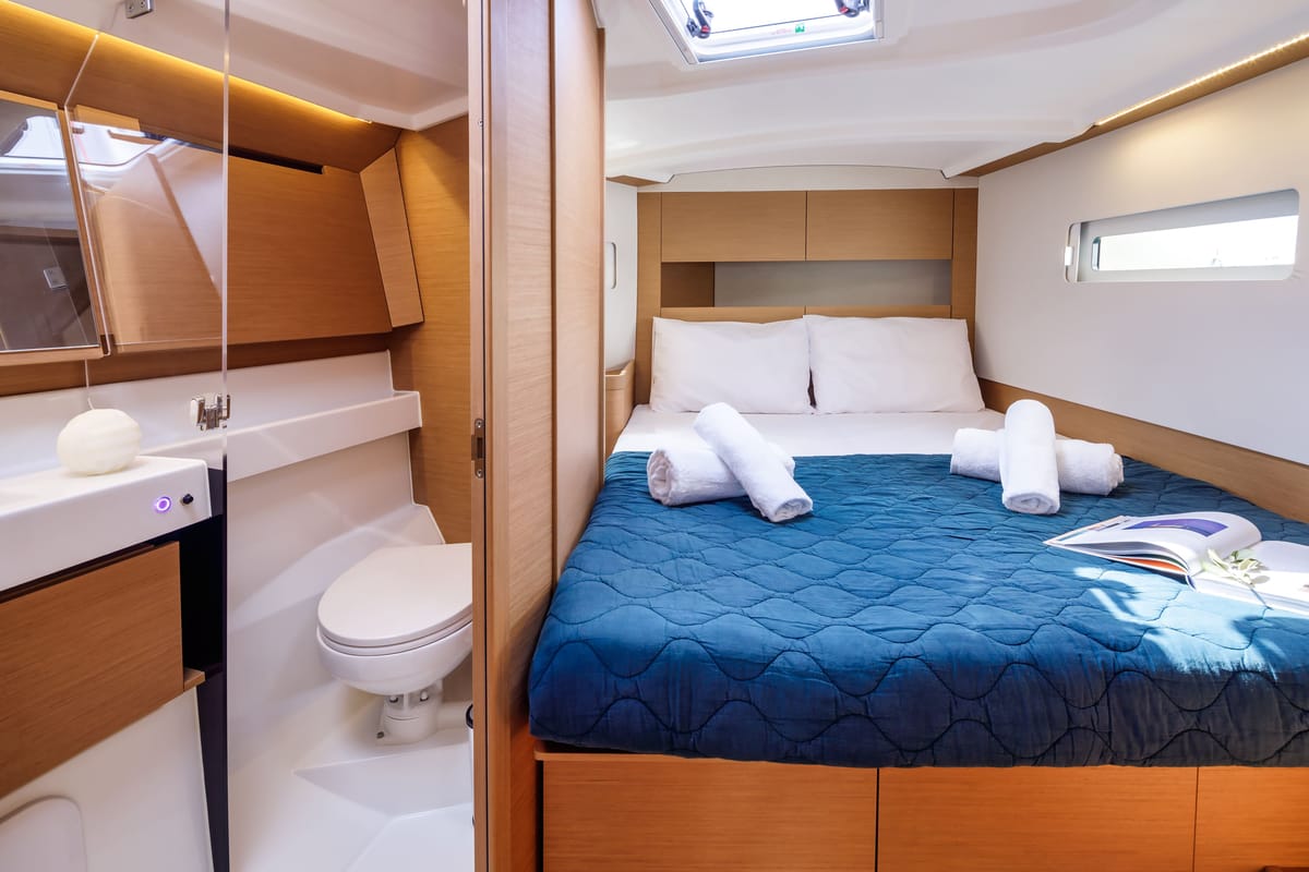 Cabin on Star Rene, a Jeanneau Sun Odyssey 410 sailboat at Municipal Unit of Nea Peramos, Greece