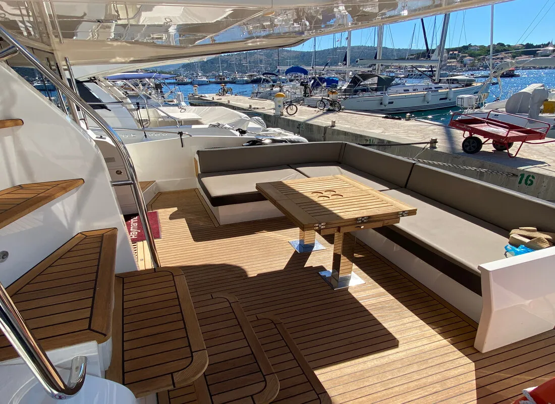 Deck of Gremix, a Galeon 550 Fly yacht at Grad Šibenik, Croatia