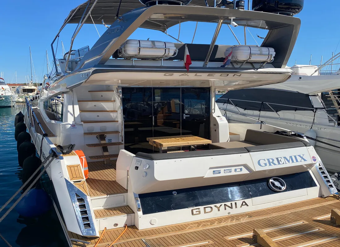 Exterior view of Gremix, a Galeon 550 Fly yacht at Grad Šibenik, Croatia