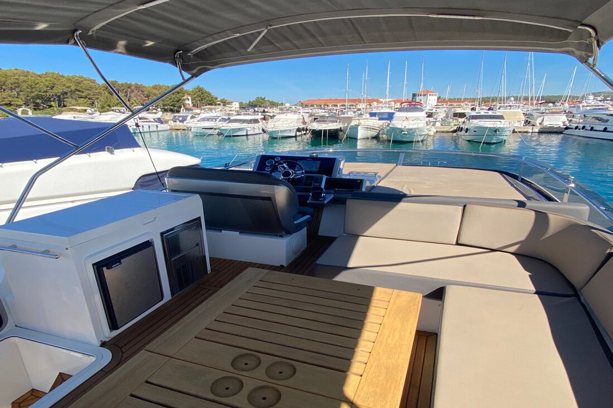 Deck of Gremix, a Galeon 550 Fly yacht at Grad Šibenik, Croatia
