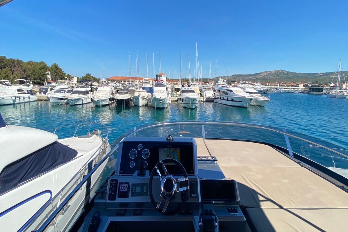 Cockpit of Gremix, a Galeon 550 Fly yacht at Grad Šibenik, Croatia