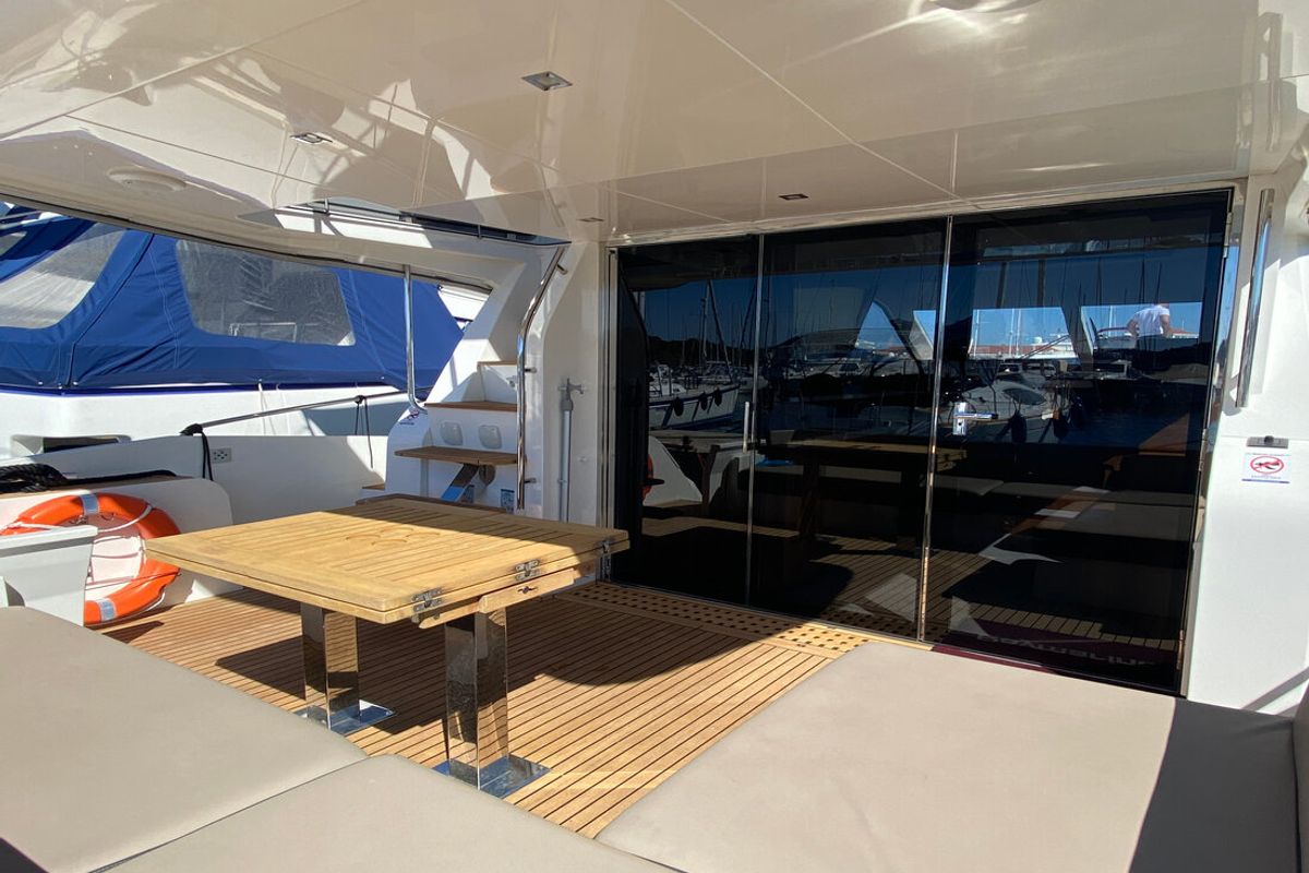 Deck of Gremix, a Galeon 550 Fly yacht at Grad Šibenik, Croatia