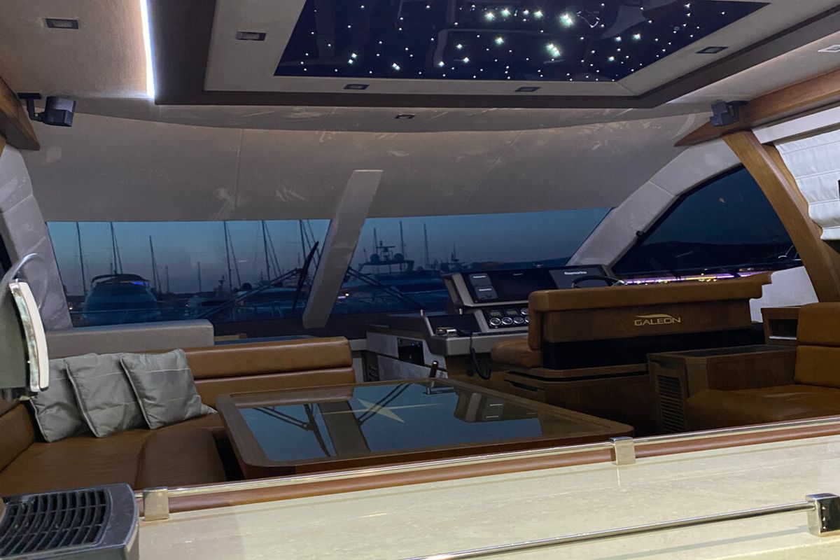 Cockpit of Gremix, a Galeon 550 Fly yacht at Grad Šibenik, Croatia