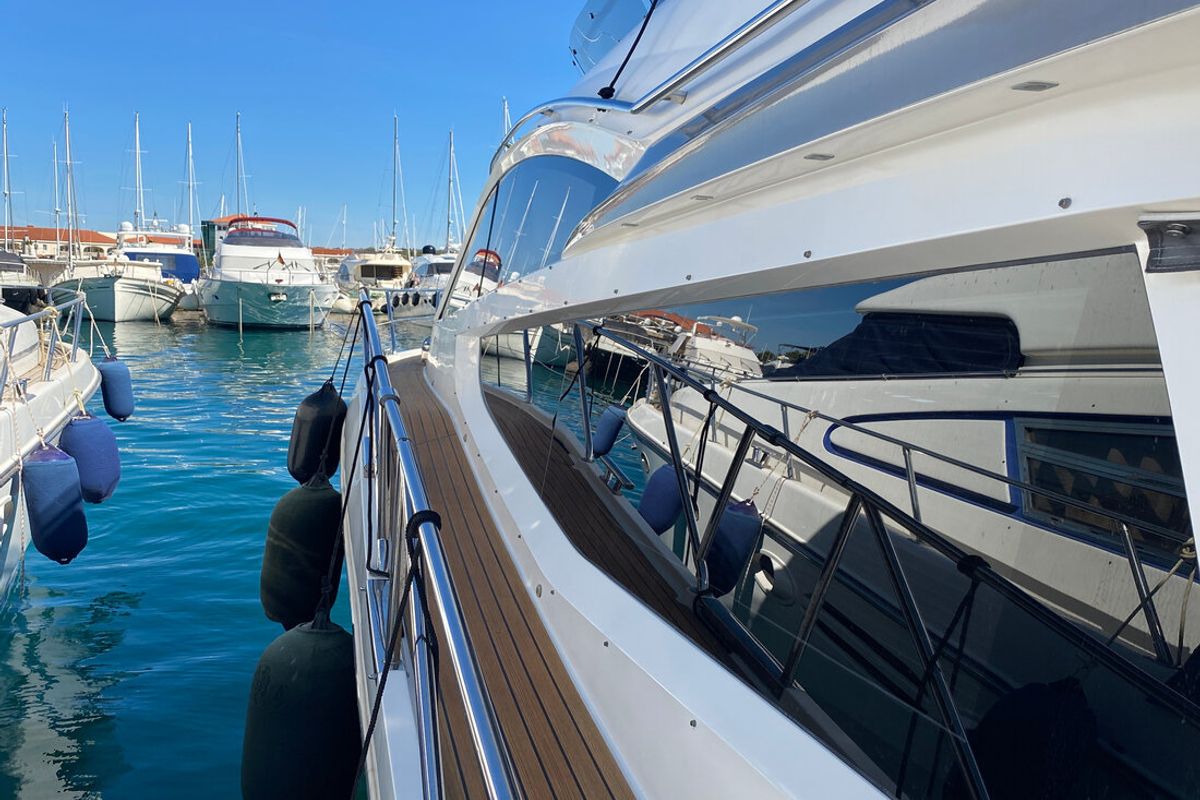 Deck of Gremix, a Galeon 550 Fly yacht at Grad Šibenik, Croatia
