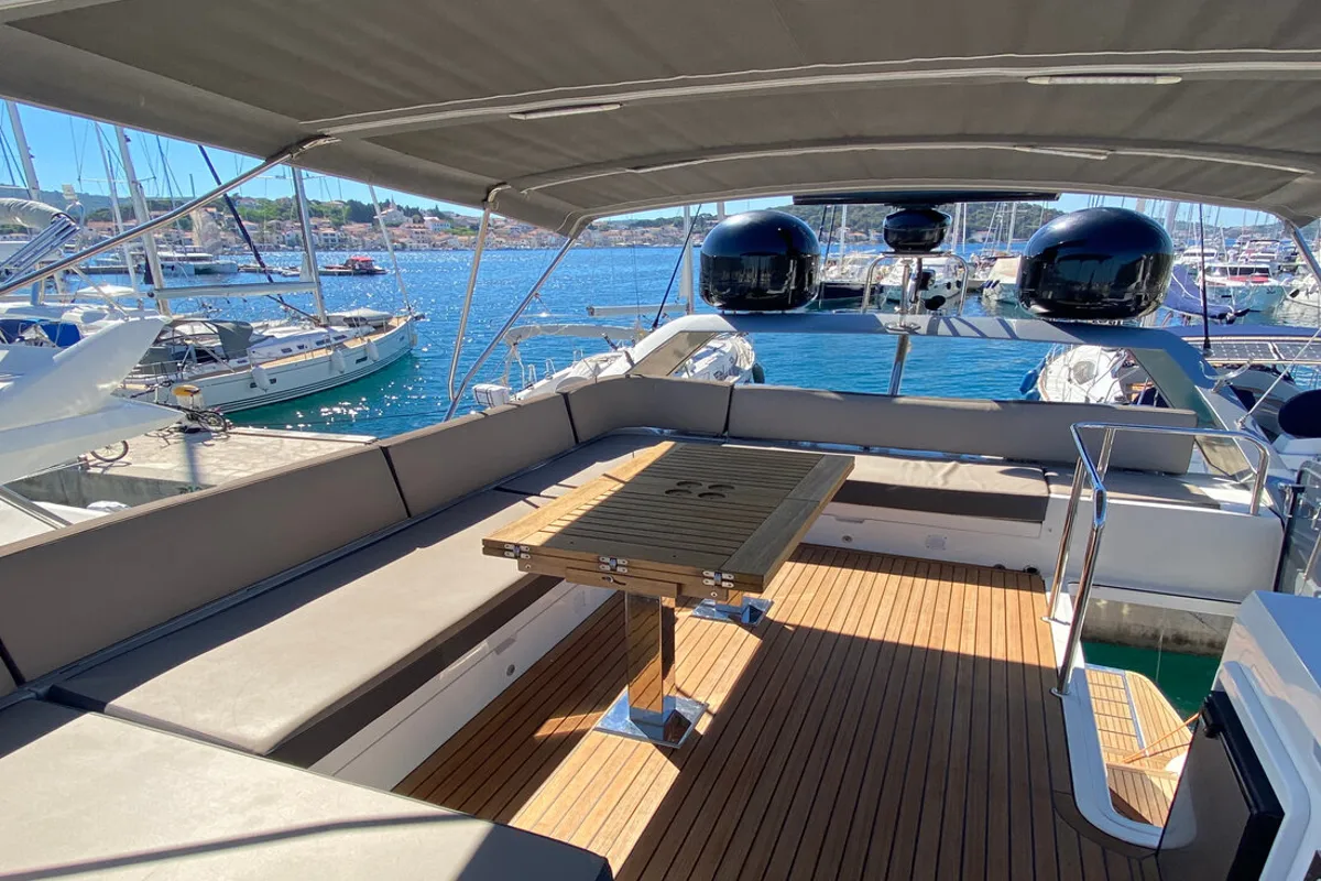 Deck of Gremix, a Galeon 550 Fly yacht at Grad Šibenik, Croatia