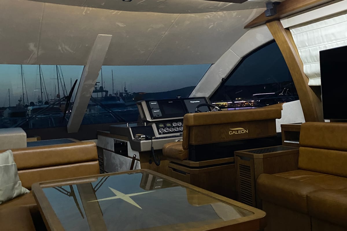 Cockpit of Gremix, a Galeon 550 Fly yacht at Grad Šibenik, Croatia