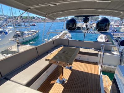 Deck of Gremix, a Galeon 550 Fly yacht at Grad Šibenik, Croatia