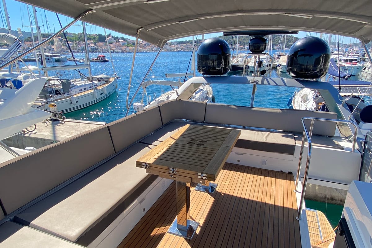 Deck of Gremix, a Galeon 550 Fly yacht at Grad Šibenik, Croatia