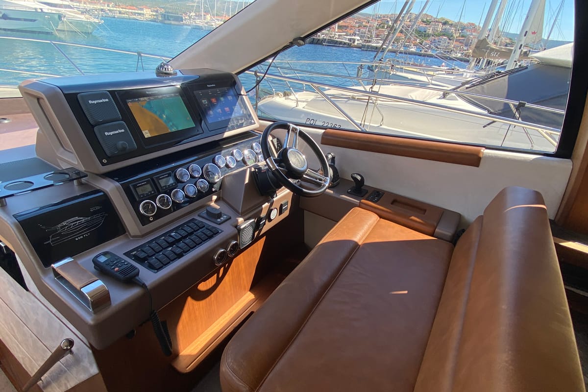Cockpit of Gremix, a Galeon 550 Fly yacht at Grad Šibenik, Croatia