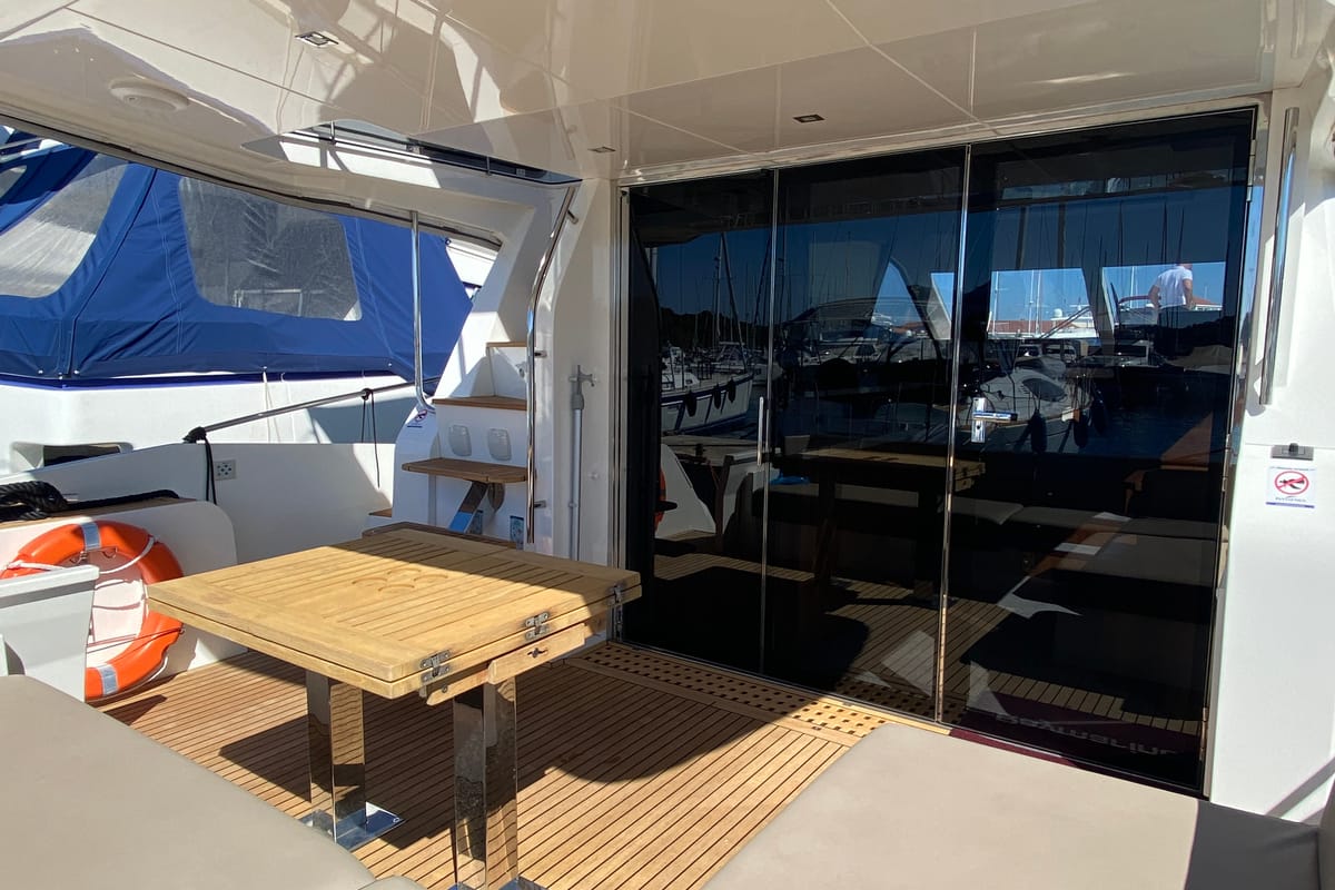 Deck of Gremix, a Galeon 550 Fly yacht at Grad Šibenik, Croatia