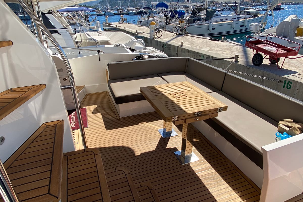 Deck of Gremix, a Galeon 550 Fly yacht at Grad Šibenik, Croatia
