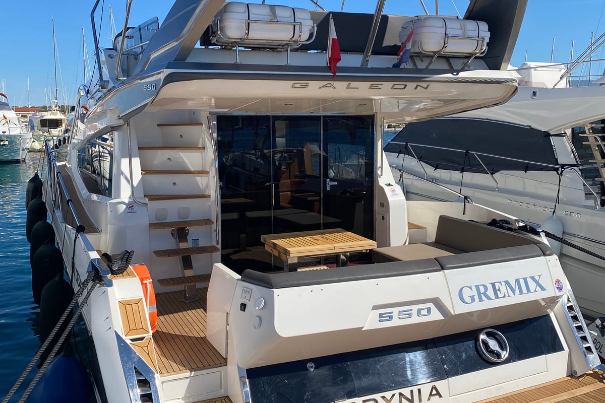Exterior view of Gremix, a Galeon 550 Fly yacht at Grad Šibenik, Croatia