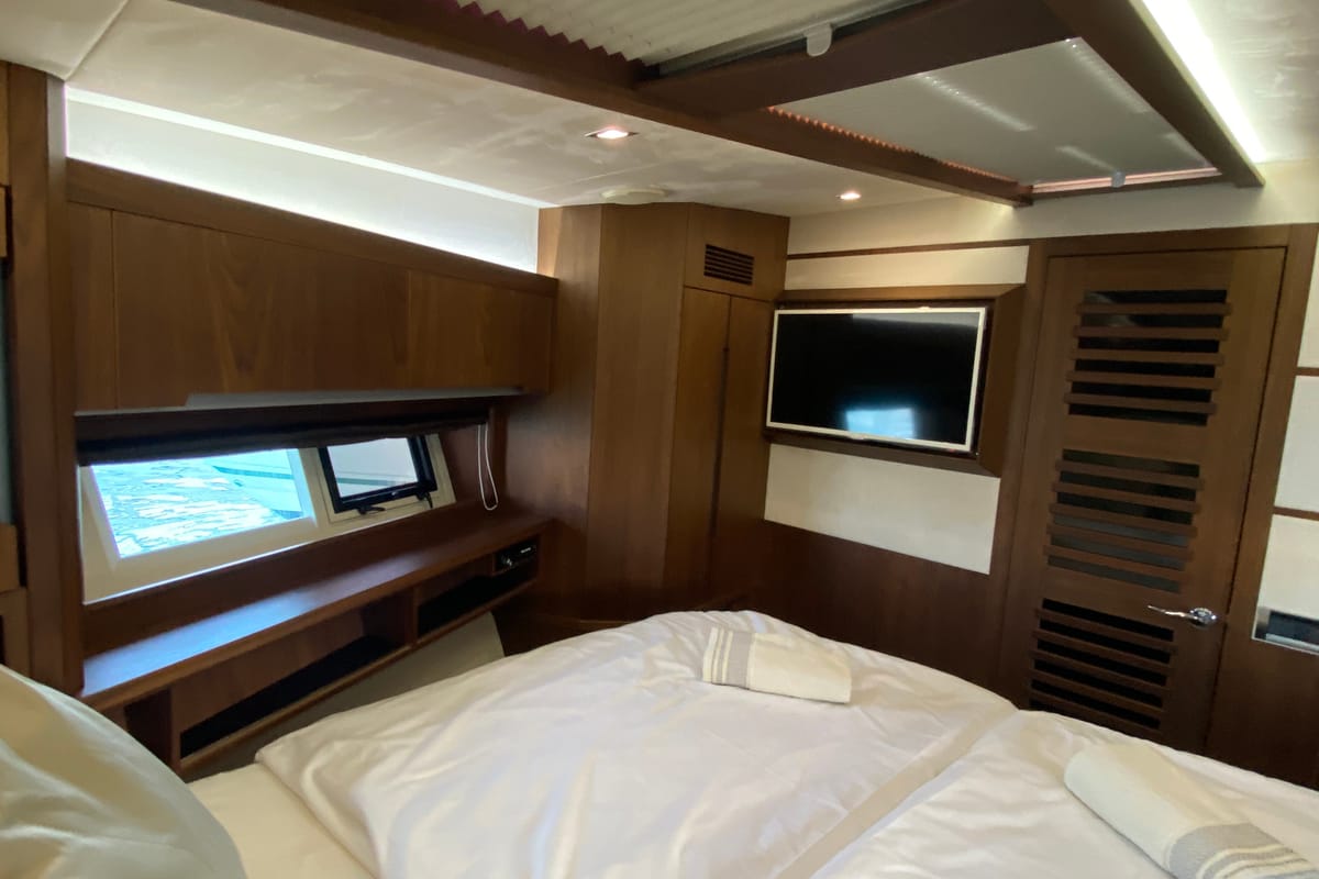 Exterior view of Gremix, a Galeon 550 Fly yacht at Grad Šibenik, Croatia