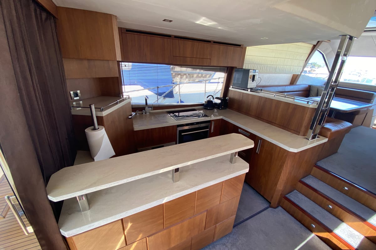 Exterior view of Gremix, a Galeon 550 Fly yacht at Grad Šibenik, Croatia