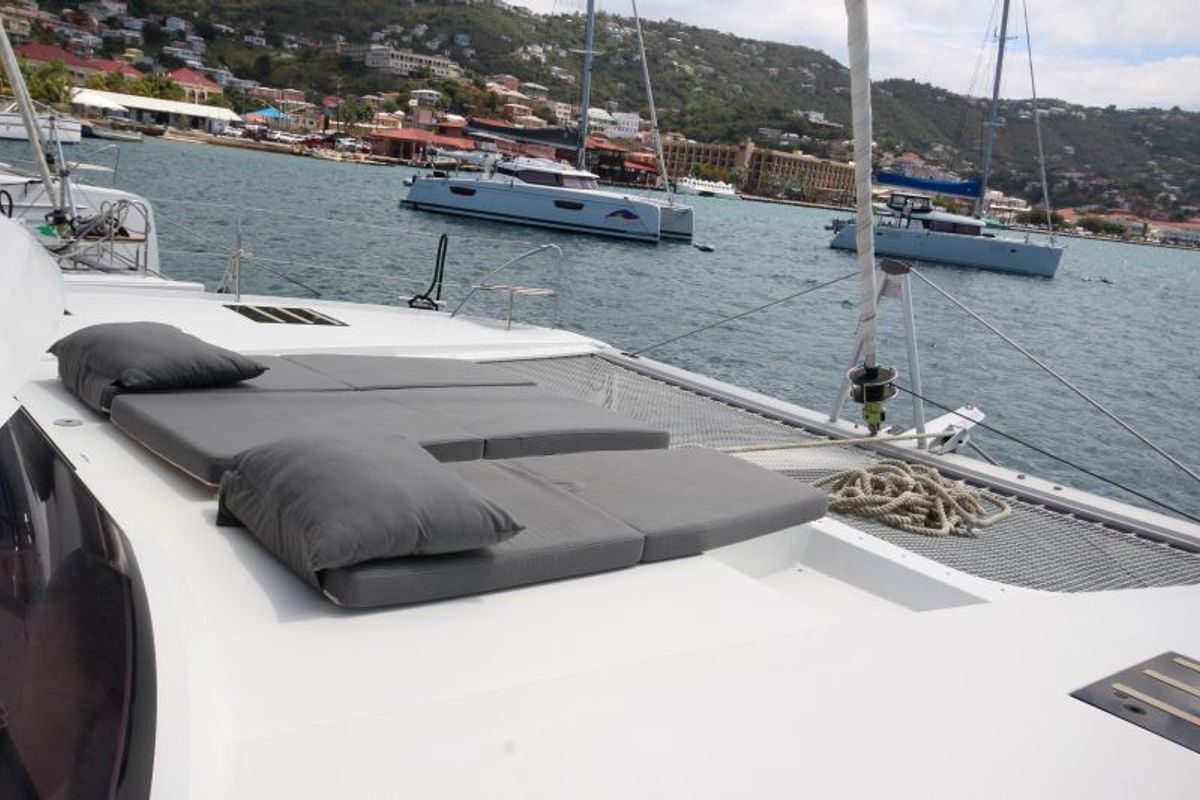 Deck of La Belle Vie, a Fountaine Pajot Saona 47 catamaran at Charlotte Amalie, United States