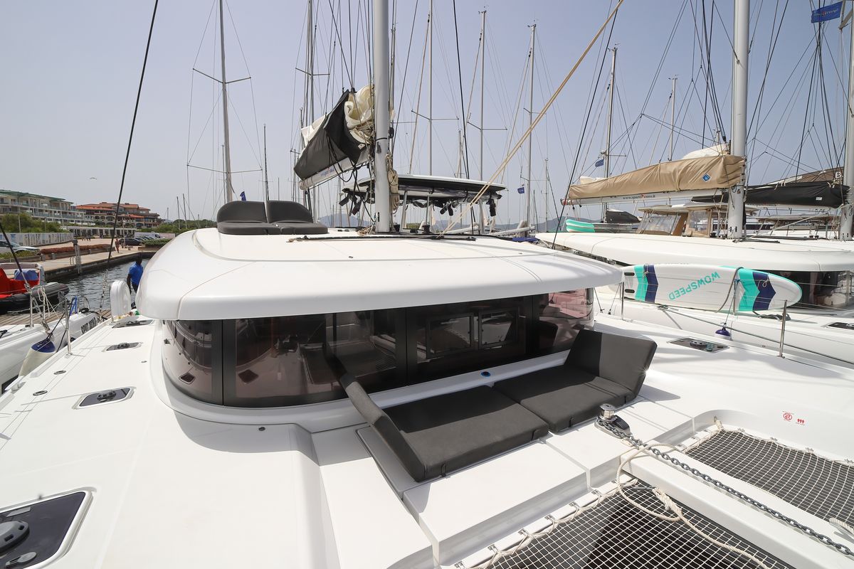 Deck of Sesamo, a Lagoon 46 catamaran at Olbia, Italy
