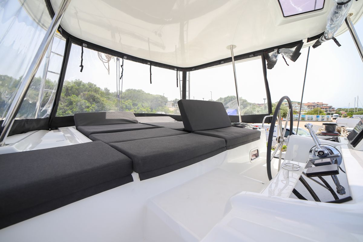 Cockpit of Sesamo, a Lagoon 46 catamaran at Olbia, Italy