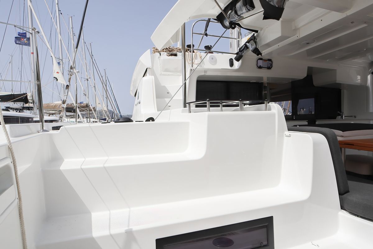 Deck of Sesamo, a Lagoon 46 catamaran at Olbia, Italy