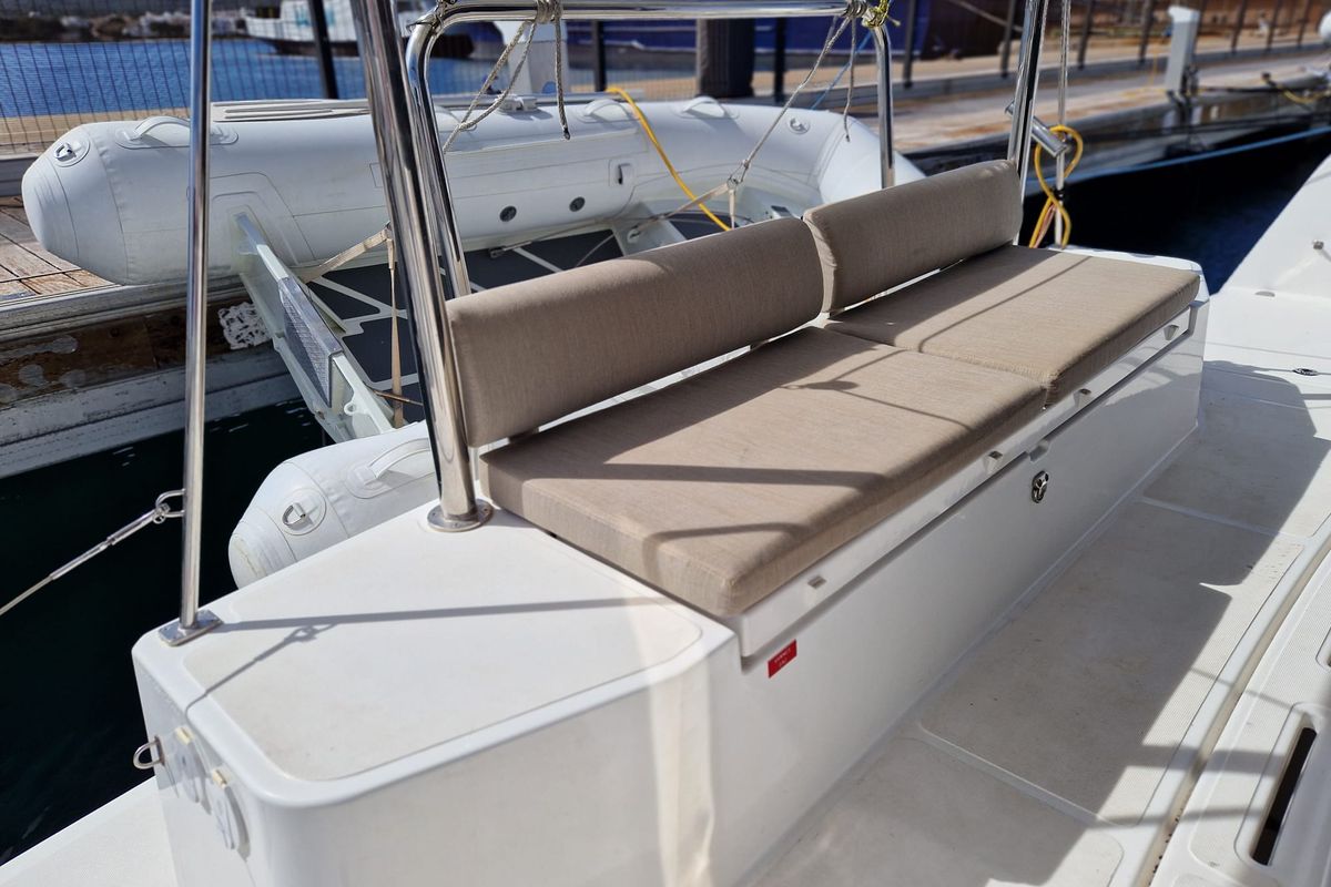 Deck of TURANDOT, a Bali Catspace catamaran at Sant Antoni de Portmany, Spain