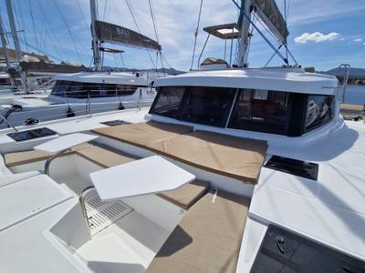 Deck of TURANDOT, a Bali Catspace catamaran at Sant Antoni de Portmany, Spain