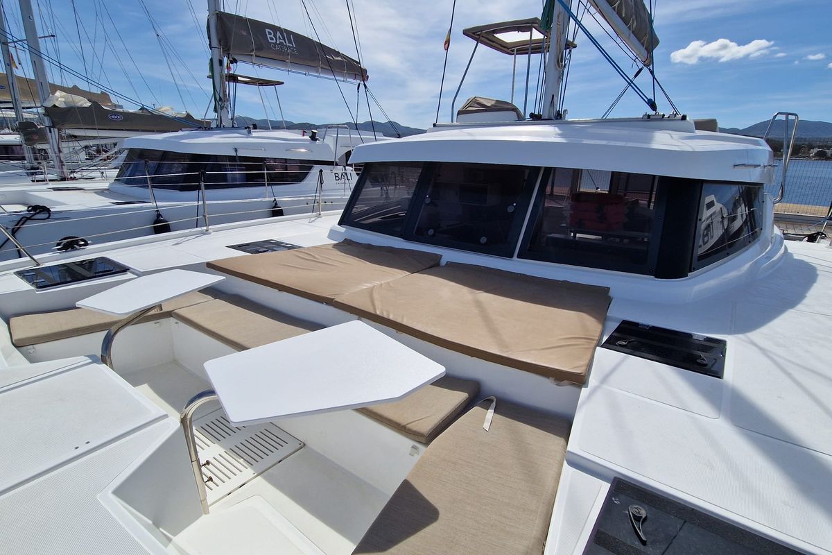 Deck of TURANDOT, a Bali Catspace catamaran at Sant Antoni de Portmany, Spain