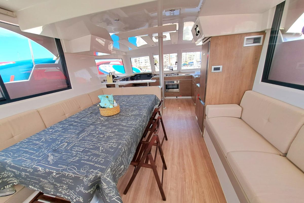 Salon of TURANDOT, a Bali Catspace catamaran at Sant Antoni de Portmany, Spain