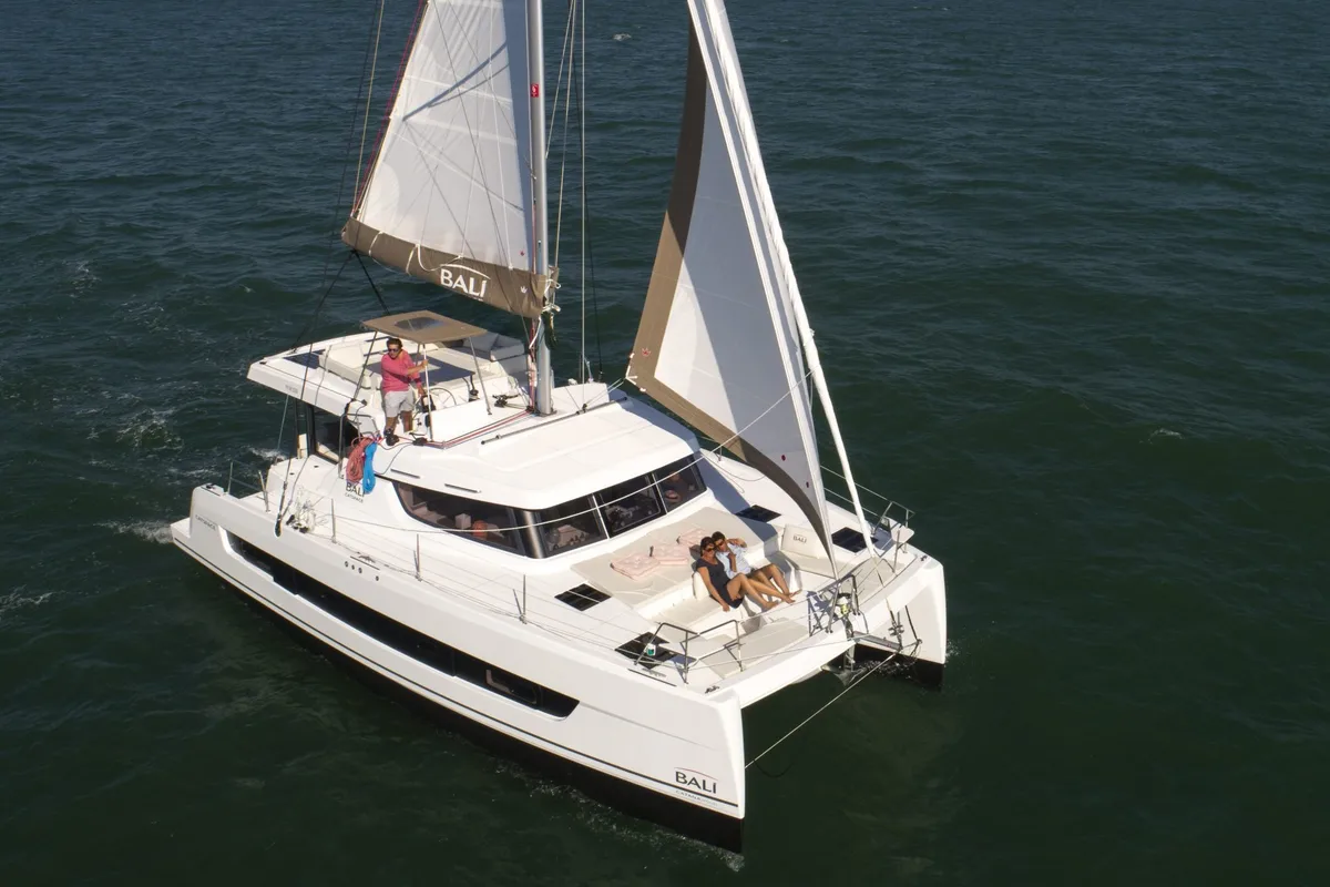 Exterior view of TURANDOT, a Bali Catspace catamaran at Sant Antoni de Portmany, Spain