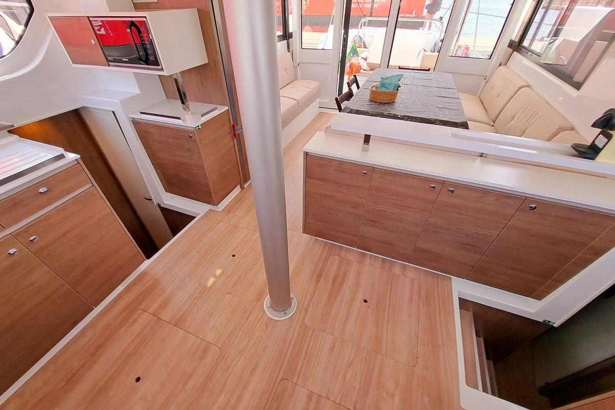 Salon of TURANDOT, a Bali Catspace catamaran at Sant Antoni de Portmany, Spain