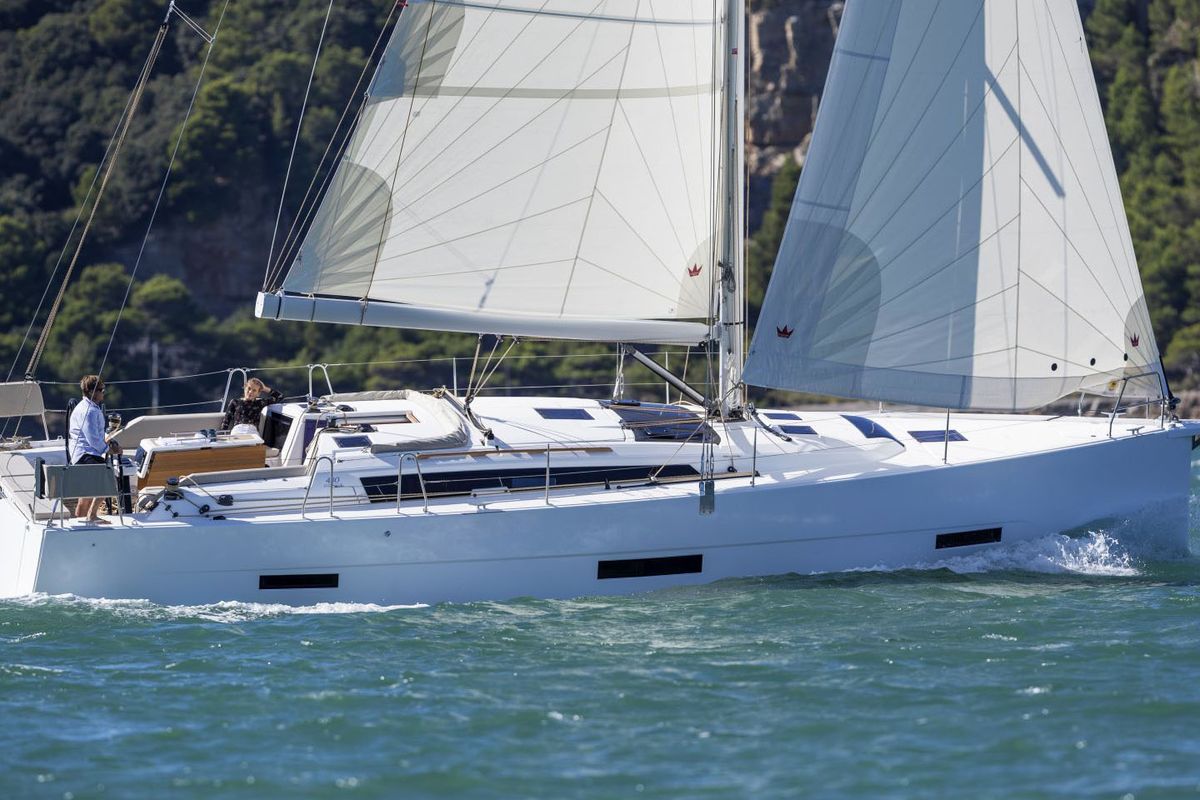 Exterior view of Alma Libre X, a Dufour 430 sailboat at Municipal Unit of Lefkada, Greece