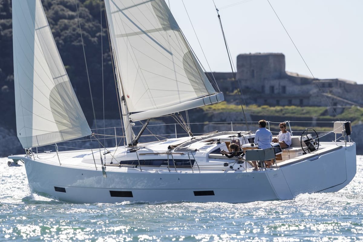 Exterior view of Alma Libre X, a Dufour 430 sailboat at Municipal Unit of Lefkada, Greece