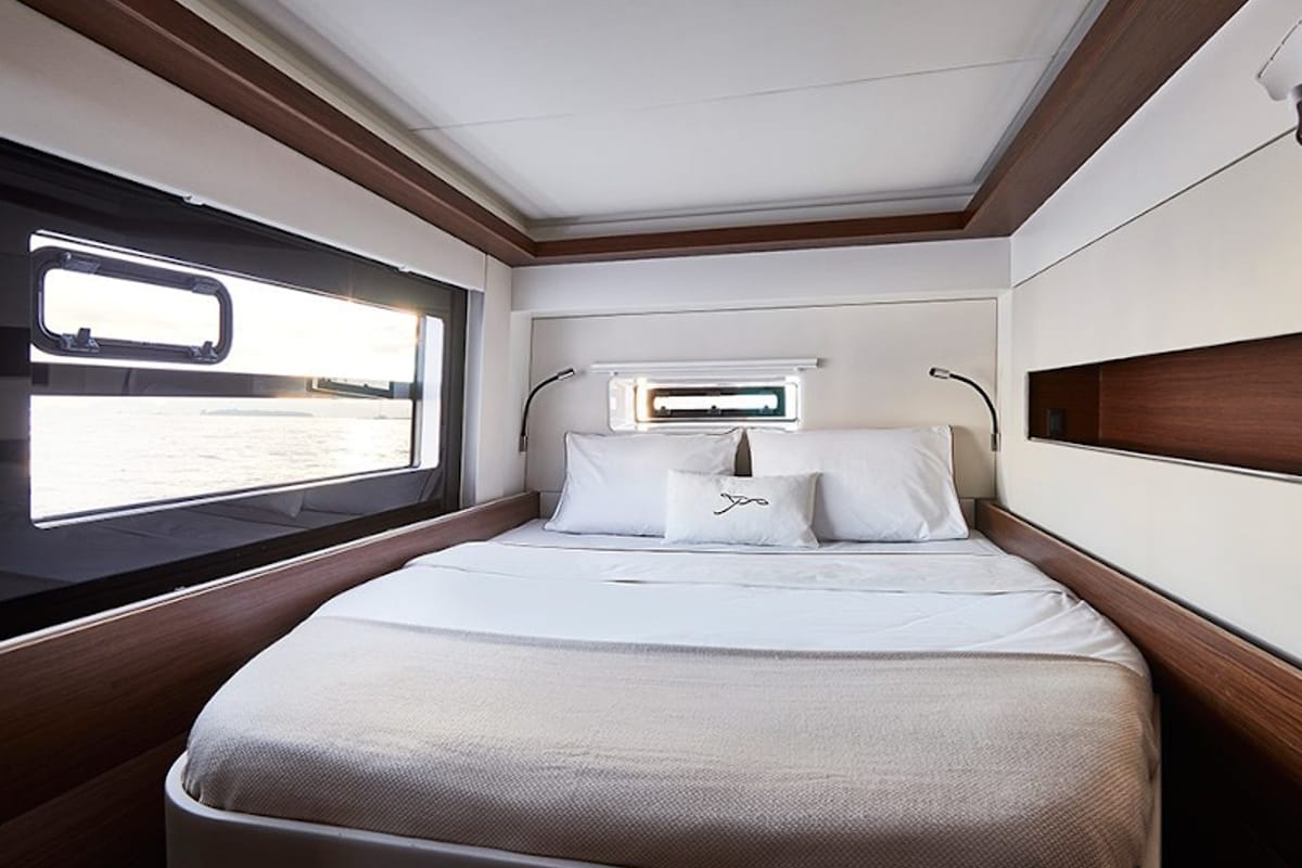Cabin on IQ, a Nautitech 46 Fly catamaran at Thira Municipal Unit, Greece