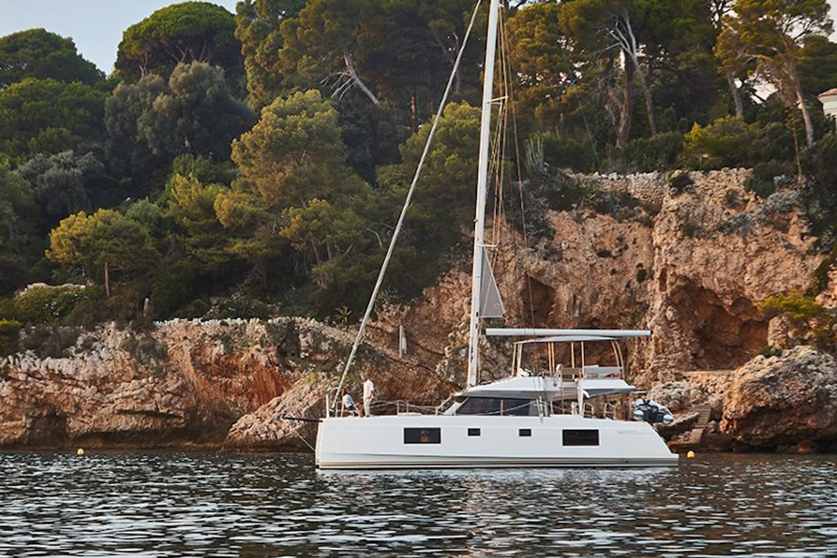 Exterior view of IQ, a Nautitech 46 Fly catamaran at Thira Municipal Unit, Greece