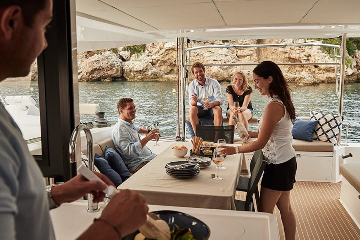 Deck of IQ, a Nautitech 46 Fly catamaran at Thira Municipal Unit, Greece
