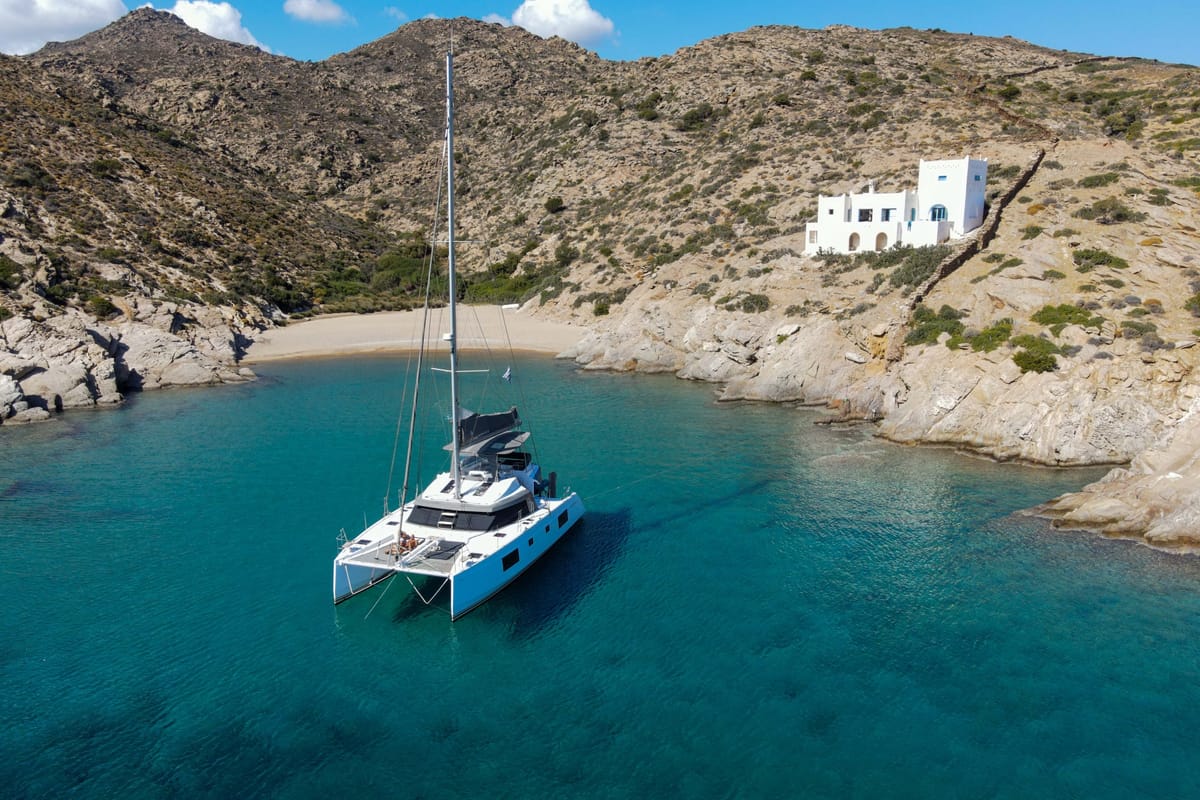 Exterior view of IQ, a Nautitech 46 Fly catamaran at Thira Municipal Unit, Greece