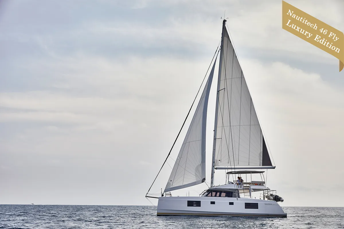 Exterior view of IQ, a Nautitech 46 Fly catamaran at Thira Municipal Unit, Greece