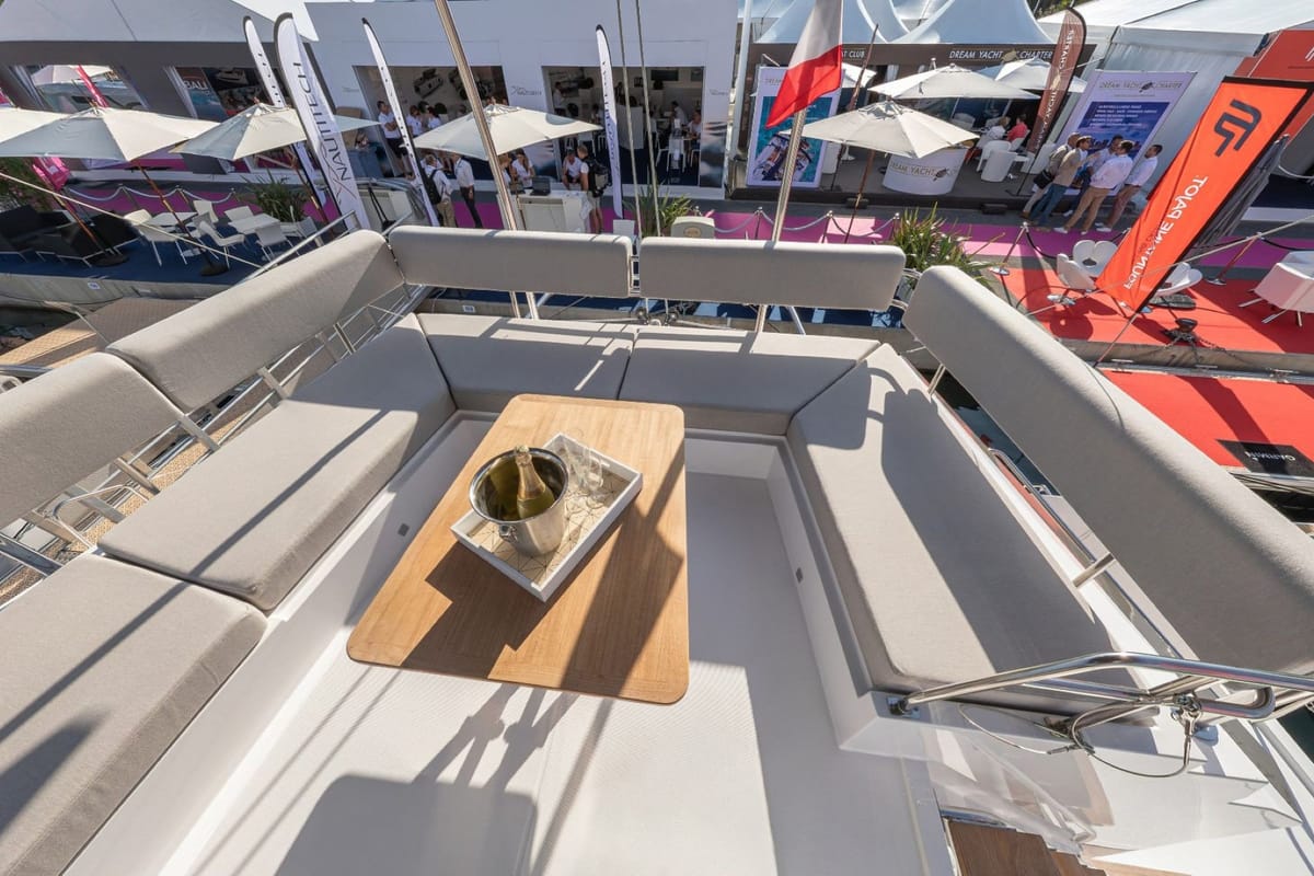 Deck of IQ, a Nautitech 46 Fly catamaran at Thira Municipal Unit, Greece