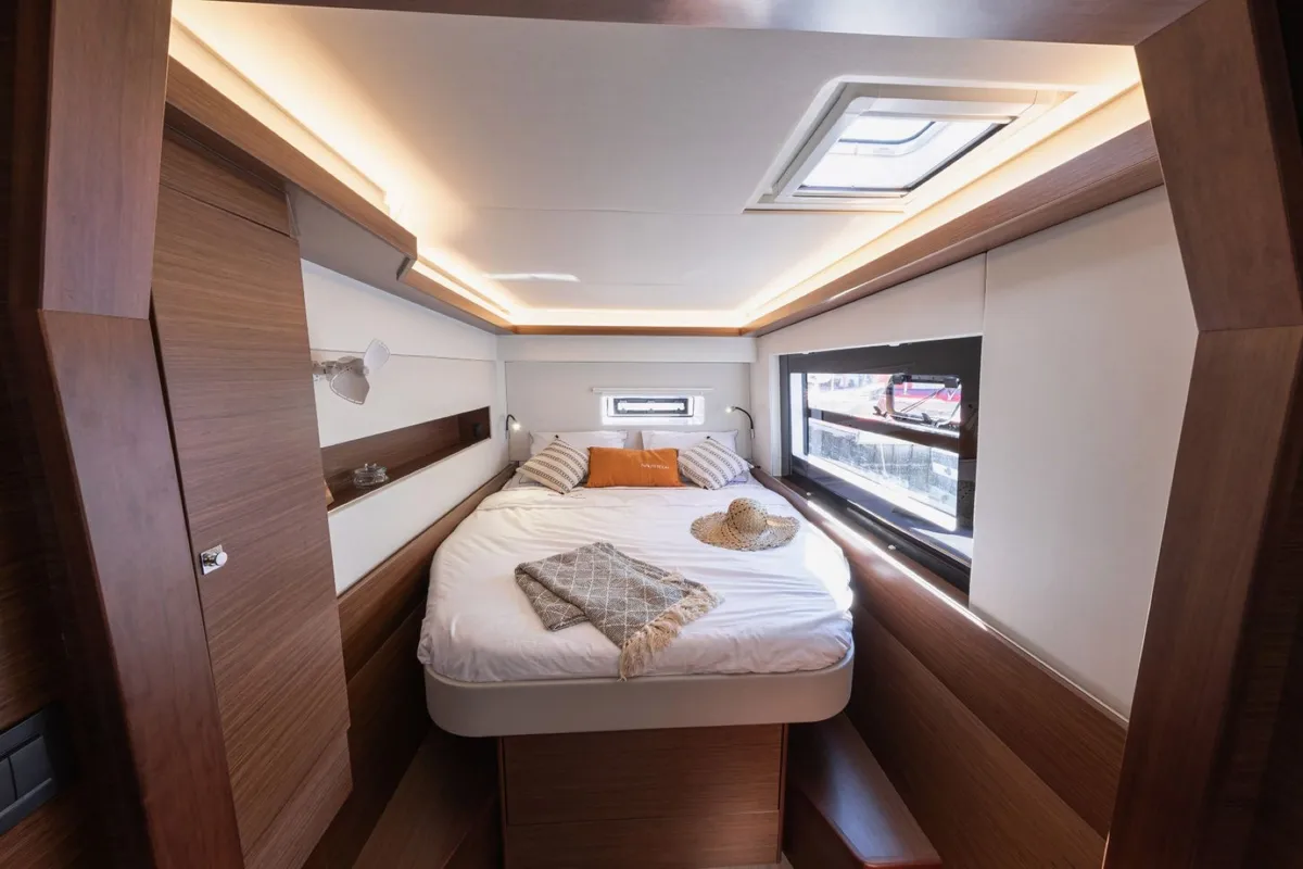 Cabin on IQ, a Nautitech 46 Fly catamaran at Thira Municipal Unit, Greece