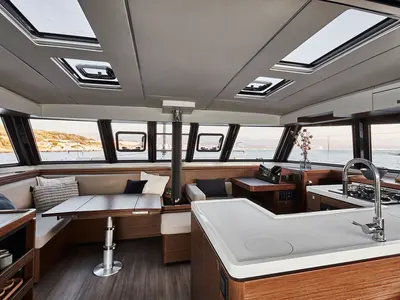Salon of IQ, a Nautitech 46 Fly catamaran at Thira Municipal Unit, Greece