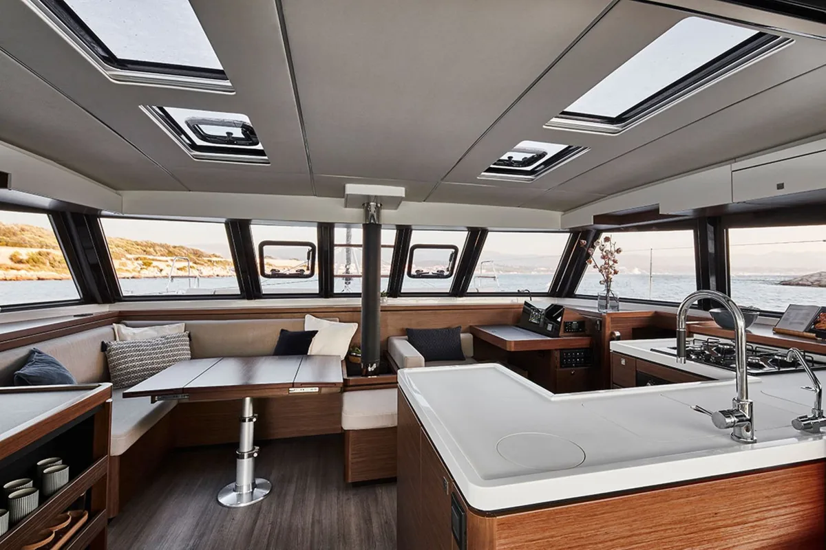 Salon of IQ, a Nautitech 46 Fly catamaran at Thira Municipal Unit, Greece