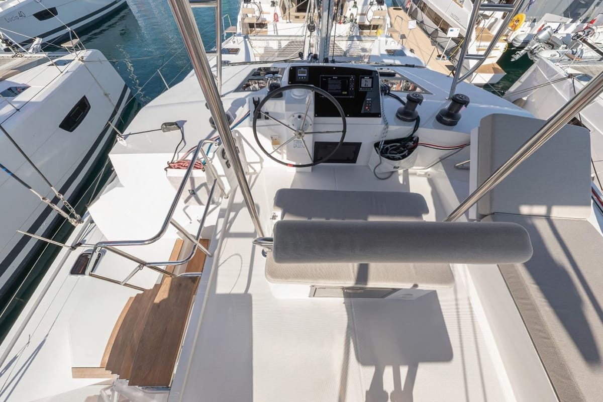 Cockpit of IQ, a Nautitech 46 Fly catamaran at Thira Municipal Unit, Greece